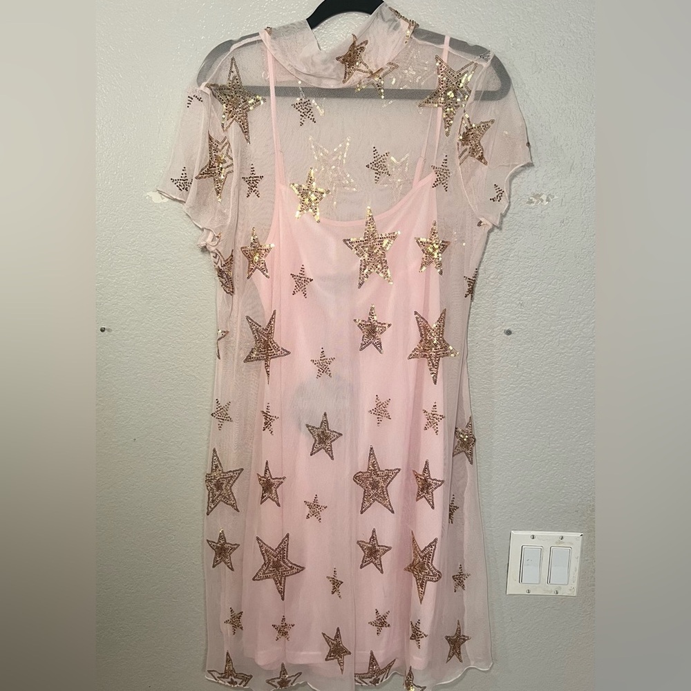 Sheer Baby Pink Dress with Gold Rhinestones - Size XL- Dolls Kill Horoscope Line